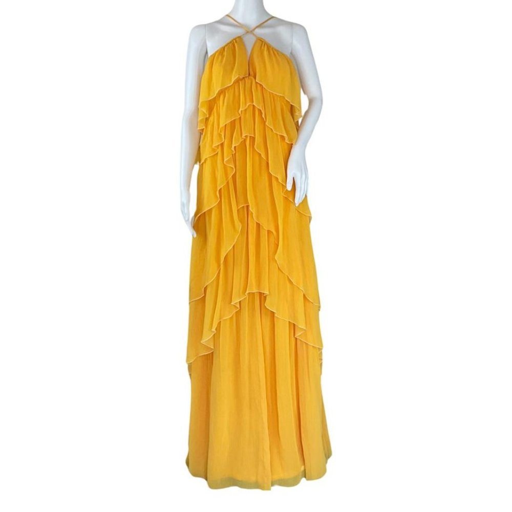 Ramy Brook Women's tiered Halter Alora Maxi  Dress Ruffled Yellow Sz M